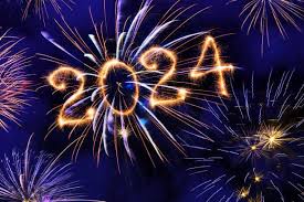 Neon 2024 numbers with fireworks background