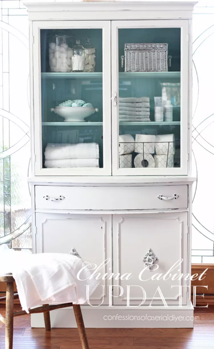 Painted dining hutch converted to bathroom linen
cabinet
