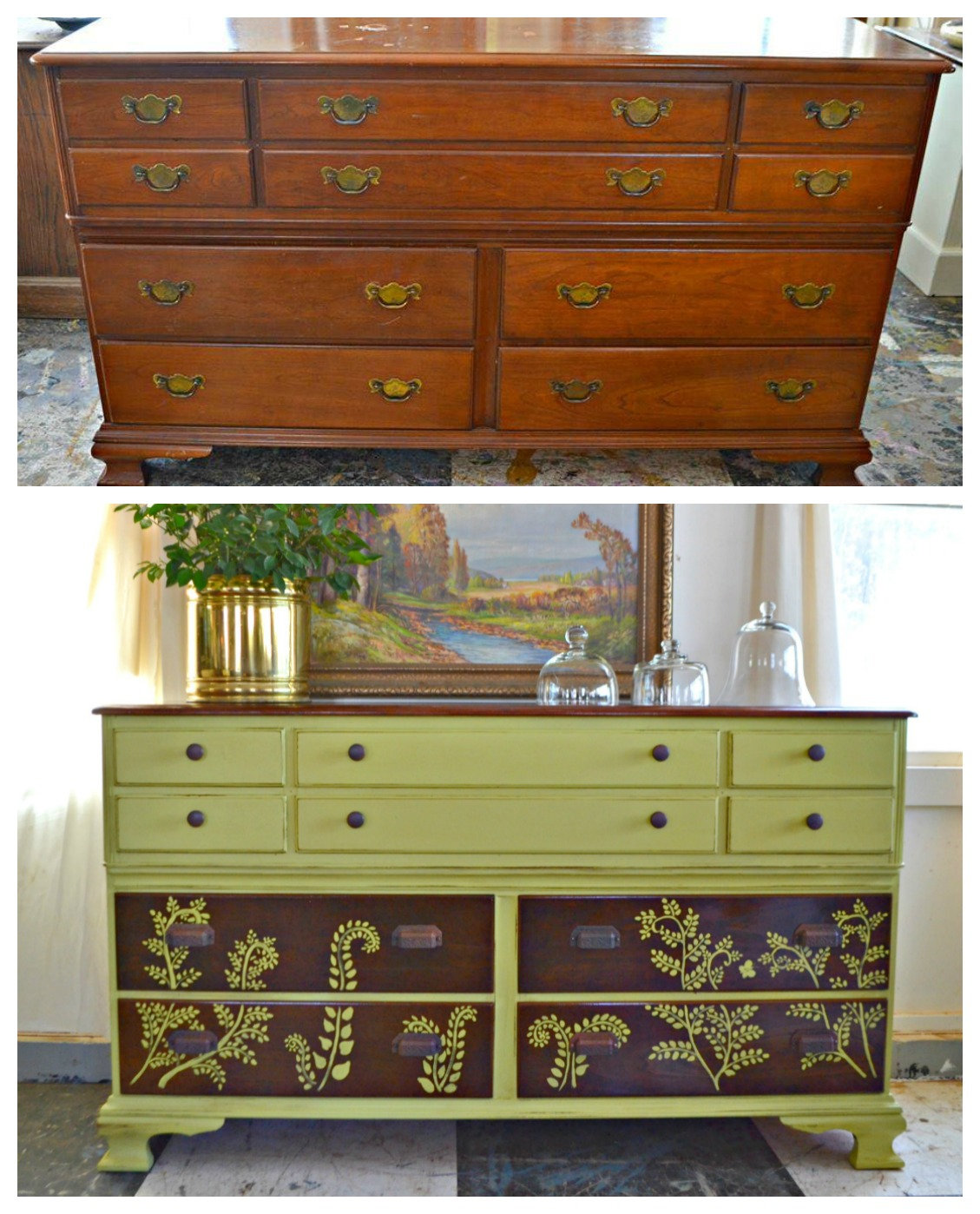 Before and after painted dresser with
stenciling