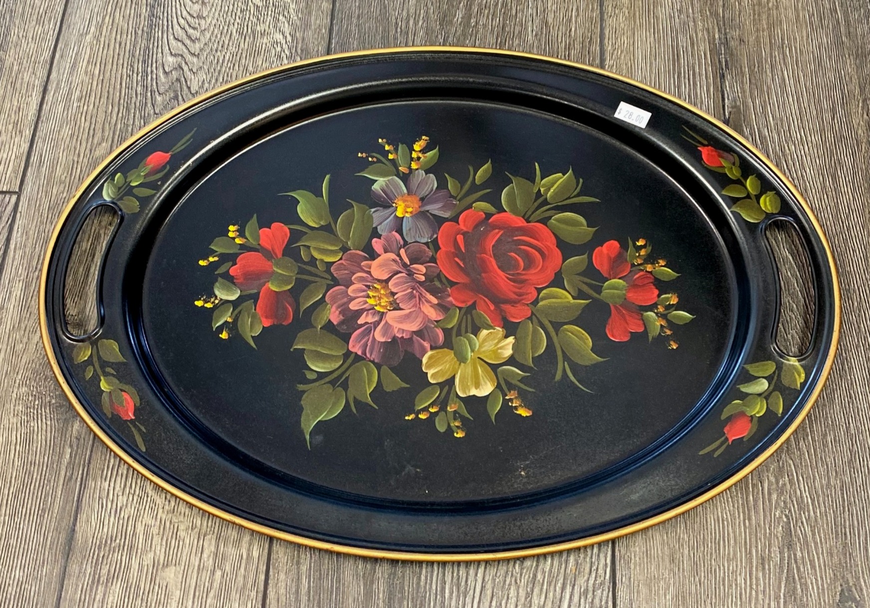 Black Toleware Tray with Hand Painted Floral Motif and gold
trim