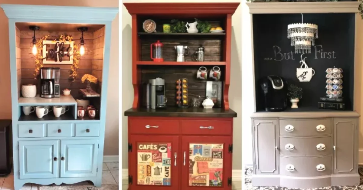 Hutches and Armoires Upcycled to Coffee
Bars