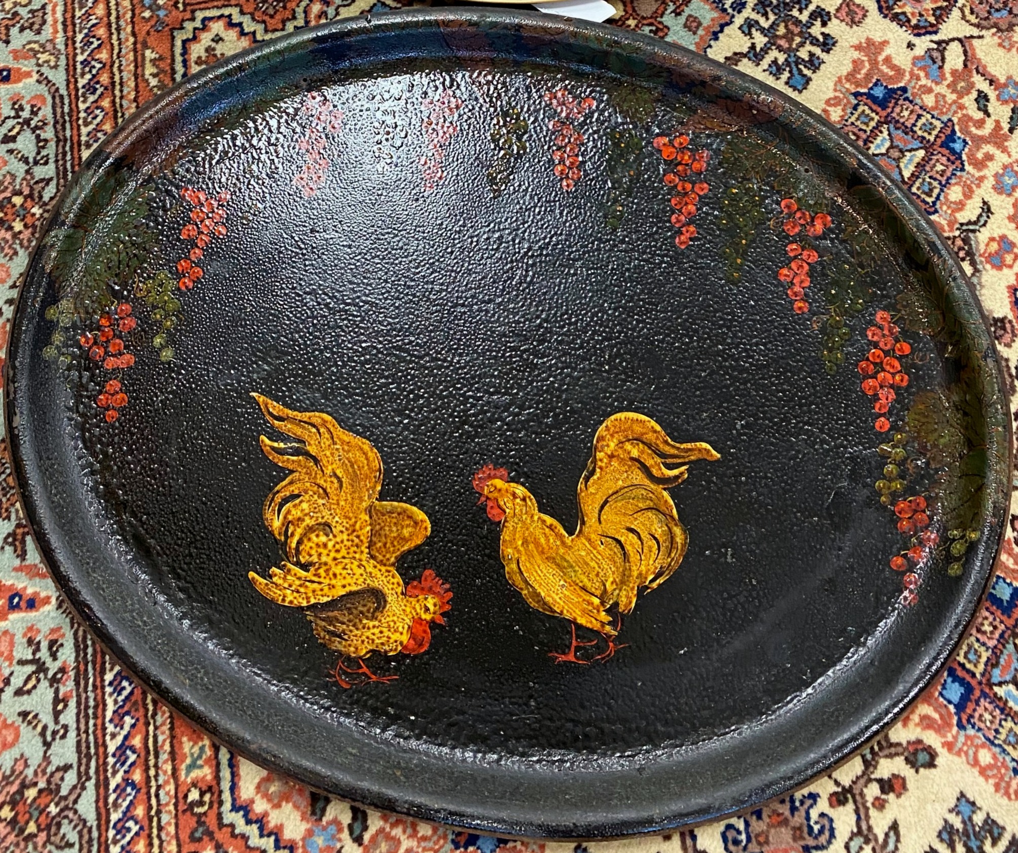 Black toleware tray with rooster
motif