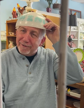 Alfred with a bowl on his head