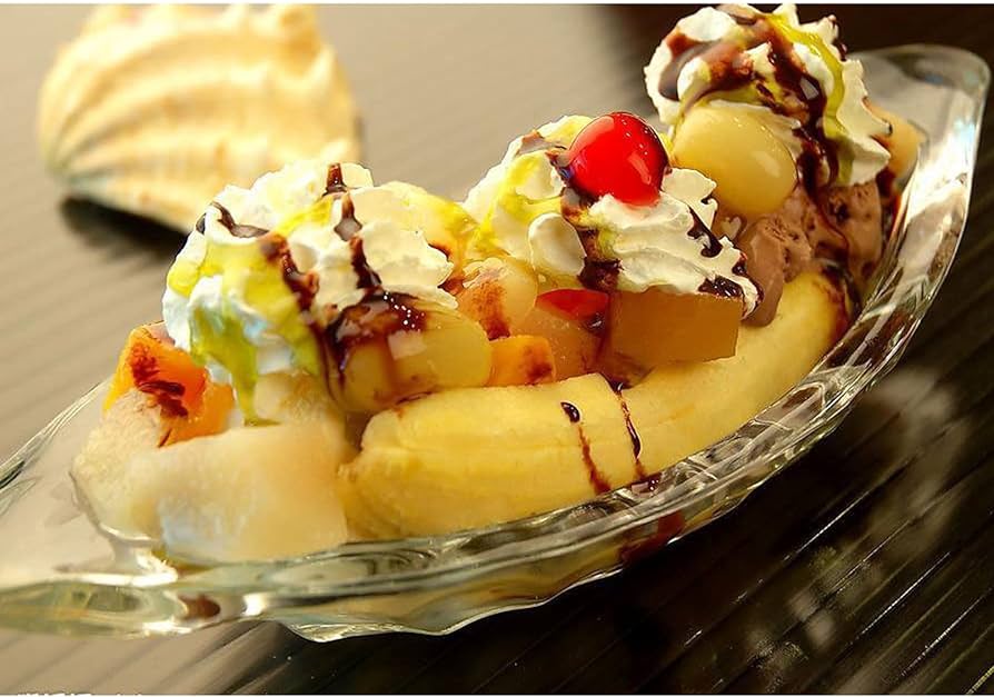Banana split in a glass dish