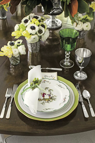 Green white and silver china place setting by Southern Living Magazine