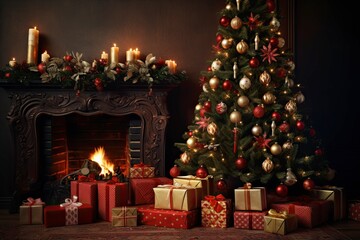 Christmas tree with gifts beside a fireplace