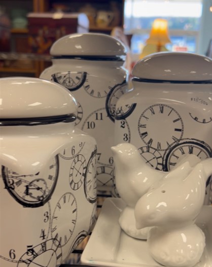 3-piece white kitchen canister set with clock design and white bird salt and pepper shakers