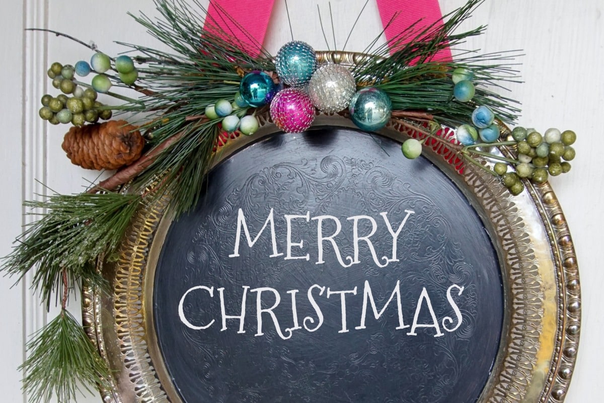 DIY silver tray Merry Christmas chalkboard
