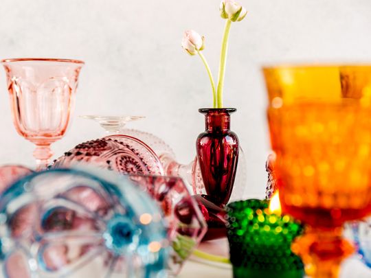 Assorted colors of glassware