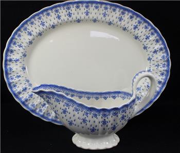 Blue and white platter and gravy boat