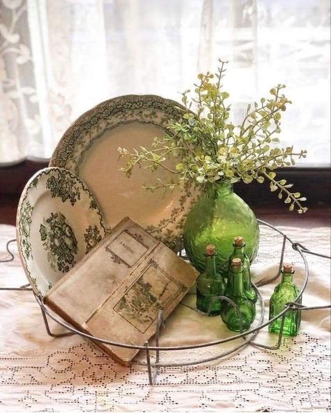 Vintage green dishes and bottles