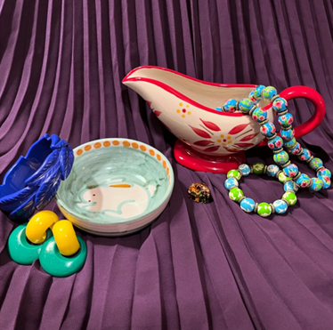 Colorful jewelry and pottery