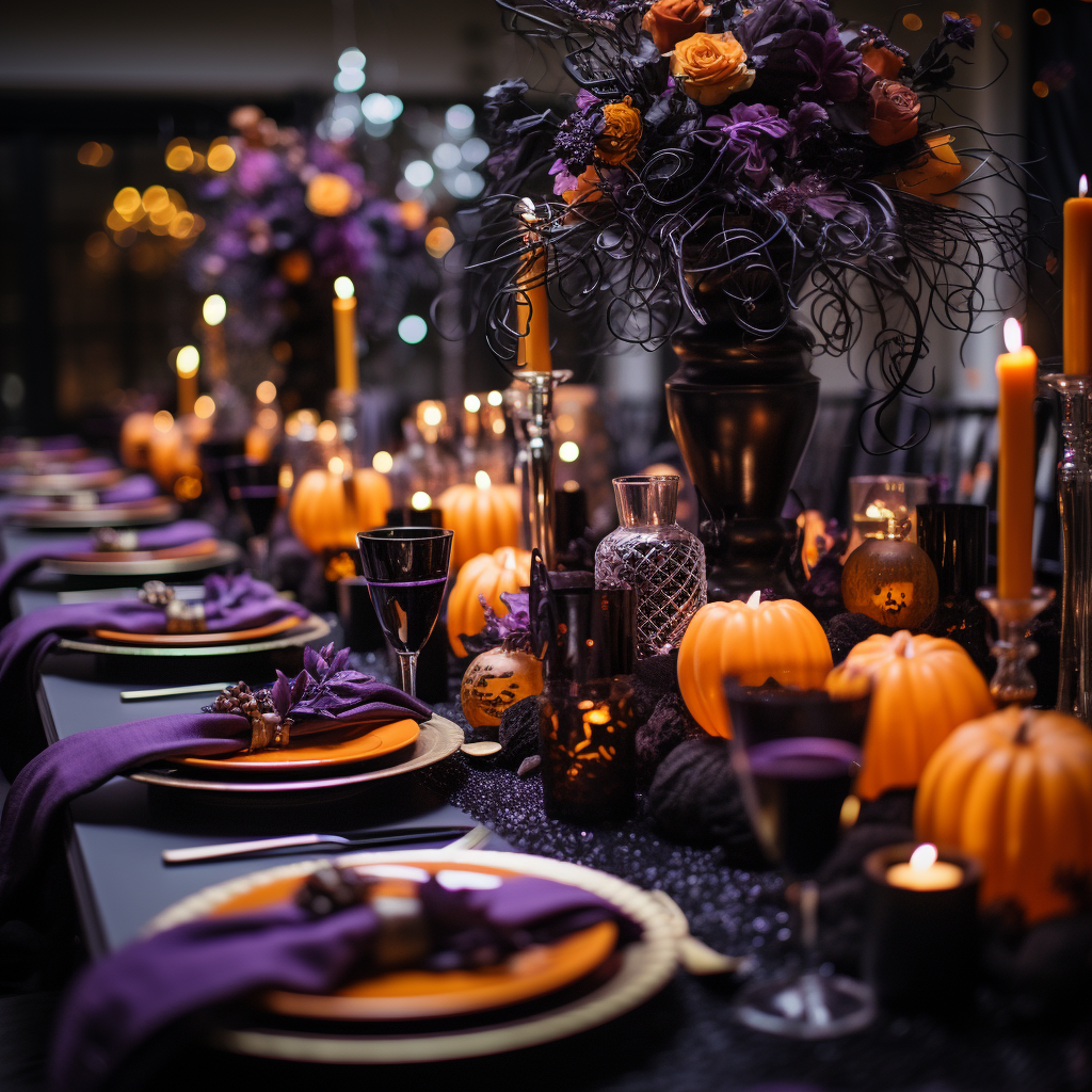 Orange and purple Halloween tablescape