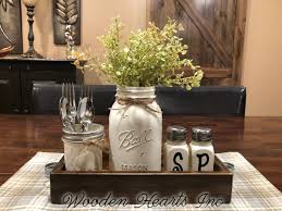 Wood condiment tray with mason jars & salt & pepper shakers