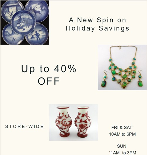 Collage of vintage dishes, jewelry and vases