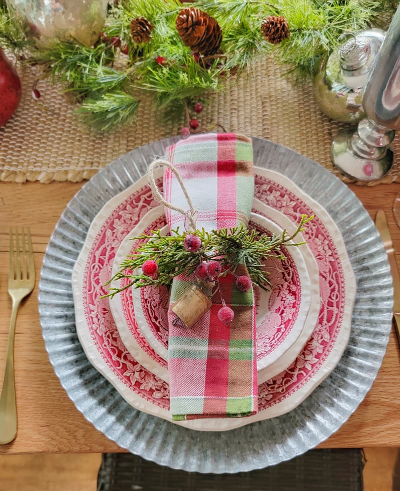 Red vintage dish with winter greens